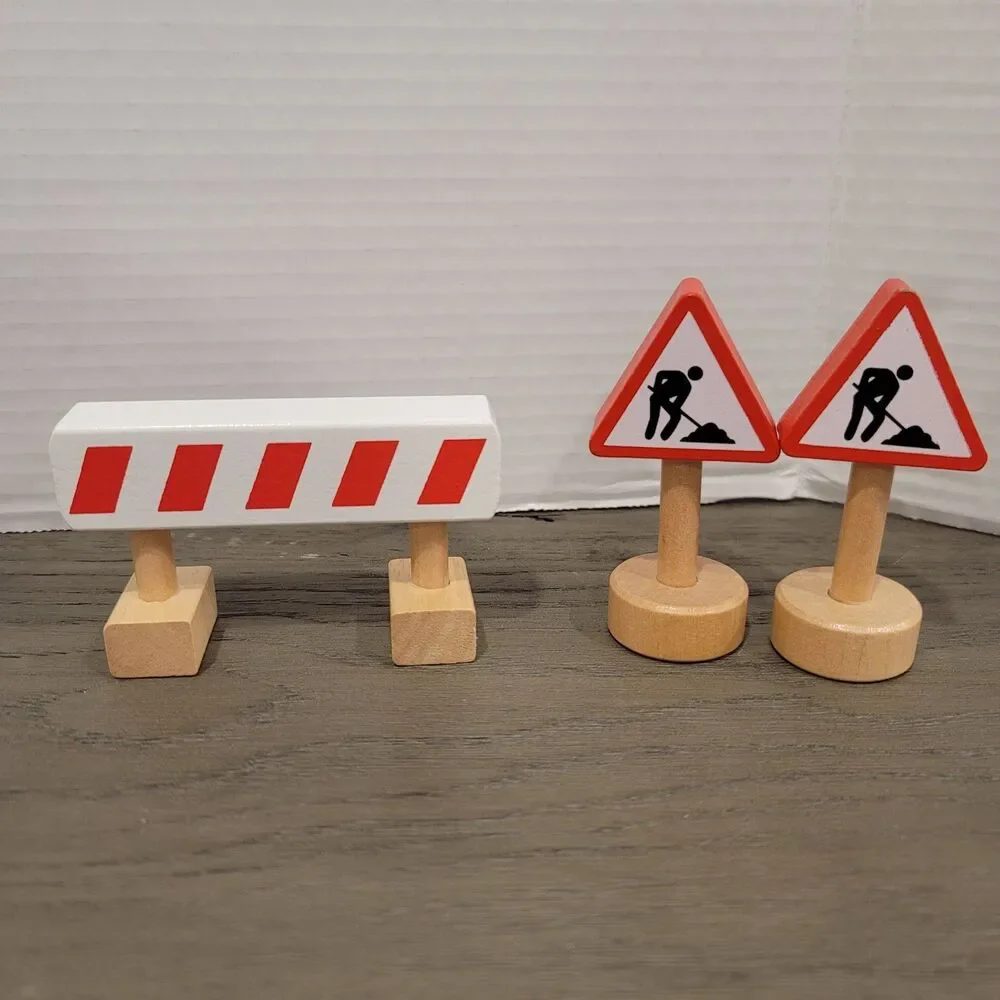 Wooden Train Construction Signs and Traffic Cone, Road Sign 4 pc Toy